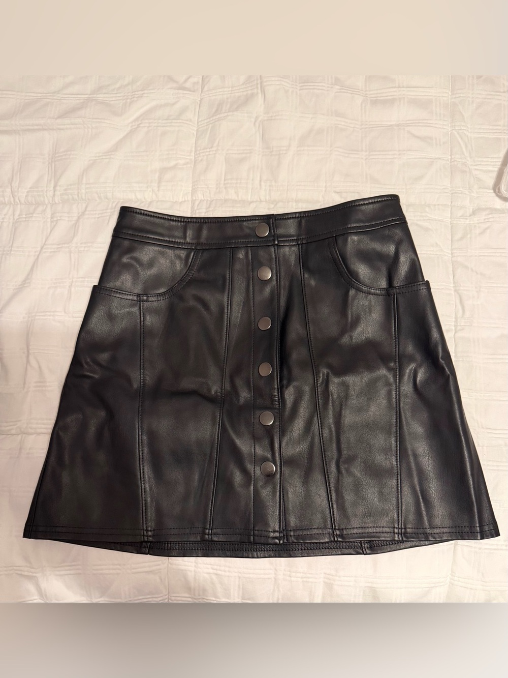 Express Black Faux Leather A-Line Mini Button-Front Skirt